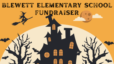 Orange and black poster for a Halloween party and fundraiser for an elementary school