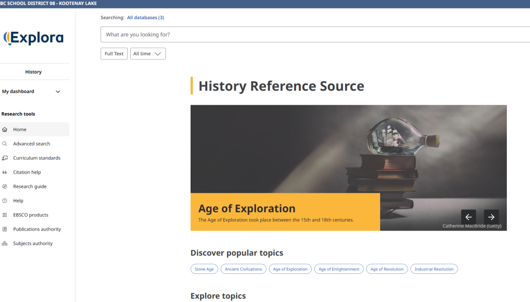 EBSCO ScreenGrab of an educational website showing a stack of old books with a ship in a bottle on top of the stack.